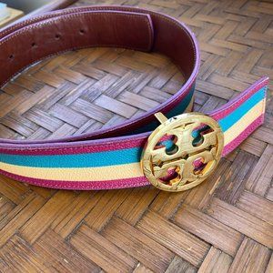 Reversible Tory Burch striped leather logo belt